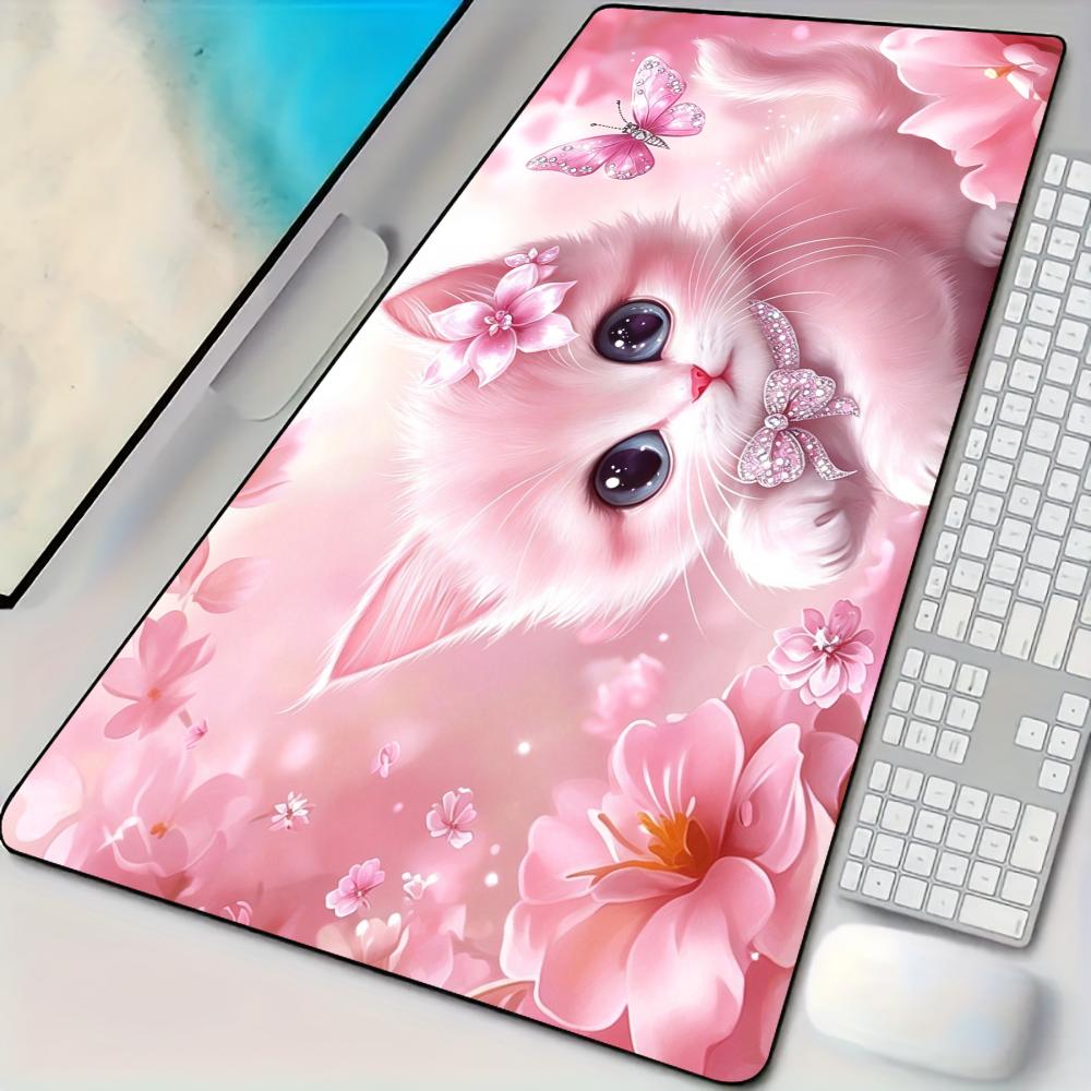 Pc Gaming Pink - แผ่นรองเมาส์ลายแมวสีชมพูสุดน่ารัก แผ่นรองโต๊ะคอมพิวเตอร์ขนาดใหญ่ แผ่นรองเมาส์ XXL สำหรับเกมเมอร์ อุปกรณ์เสริมคอมพิวเตอร์